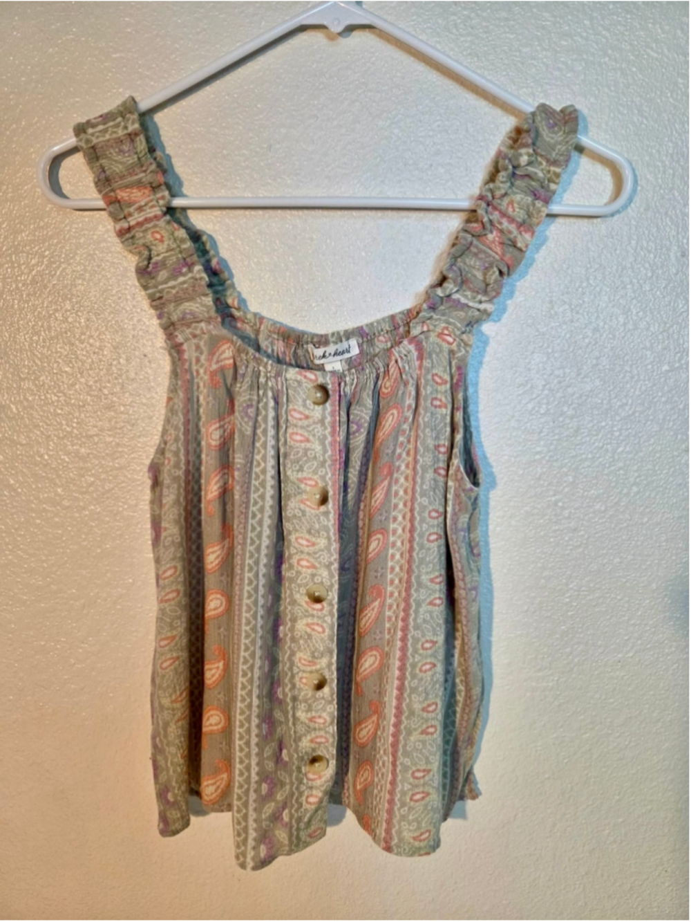 Derek Heart Women’s Paisley Boho Button Front Cami Tank Top Sage Coral Size S W-